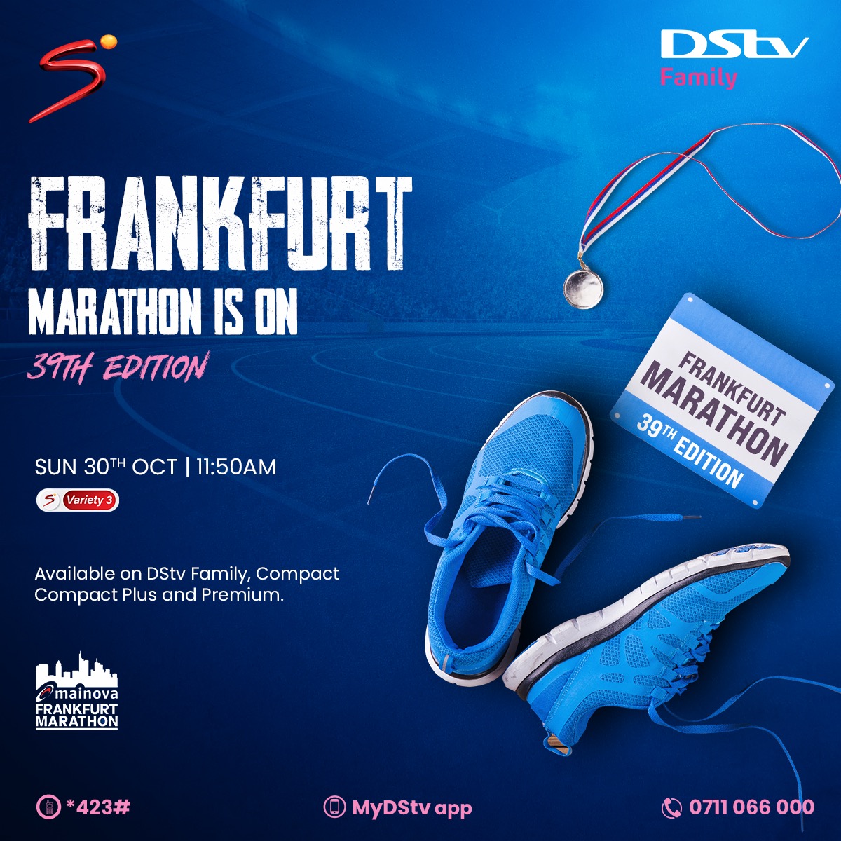 Race with top athletes at the center of Frankfurt to its fascinating skyline onto the district of Sachsenhausen at #FrankfurtMarathon 39th Edition at 11:50am Live @DStv_Kenya SS Variety 3 Ch.228

Download #MyDStv App or Dial ✳423# to buy, pay, reconnect, or clear error codes.