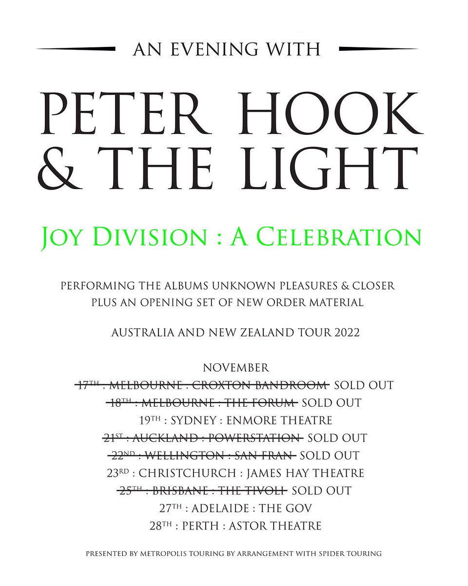 Can’t wait to finally be back in Australia & New Zealand in less than 3 weeks! 5 shows on the tour are already SOLD OUT - Brisbane, Auckland, Wellington & both nights in Melbourne. Tix moving very fast for all remaining dates. Don’t miss out: peterhookandthelight.live