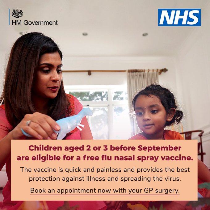 Children aged 2 or 3 before September are eligible for a free flu nasal spray vaccine this year. 

Book your child’s appointment now with your GP surgery.