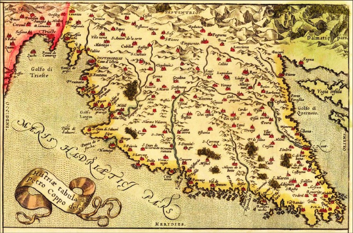 soniasicco's tweet photo. È noto per il ‘De toto orbe’ (1520) descrizione assai precisa del mondo conosciuto all'epoca: nel 1525, il cartografo e geografo #PietroCoppo, veneziano di nascita ma istriano d'adozione, disegnò anche la prima descrizione dell'#Istria nel minuzioso "Del situ de l'Istria" https://t.co/S1DUCTBTCf
