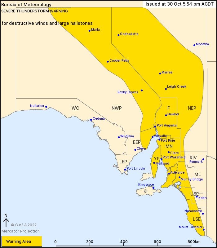 EWNAlerts's tweet photo. SA Severe Thunderstorm Warning: Large Hail, Destructive Winds. Adelaide, Whyalla, Mount Gambier, Maitland, Murray Bridge, Marla, Coober Pedy, Roxby Downs, Leigh Creek. #thunderstorm #ewnalerts #SA #hail #wind #sastorm #sawx https://t.co/LEfXRogt2I https://t.co/qCLb60pQqP