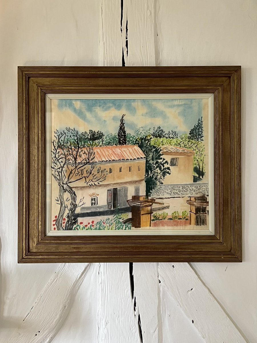 Joan Warburton, #provence c. 1958 Pastel For sale, price on request #joanwarburton #modernbritish #bentonend #sircedricmorris #letthaines #lucienfreud #artdealersoftwitter #skymeadowgallery