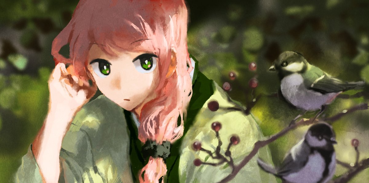 green eyes bird 1girl pink hair solo blurry looking at viewer  illustration images