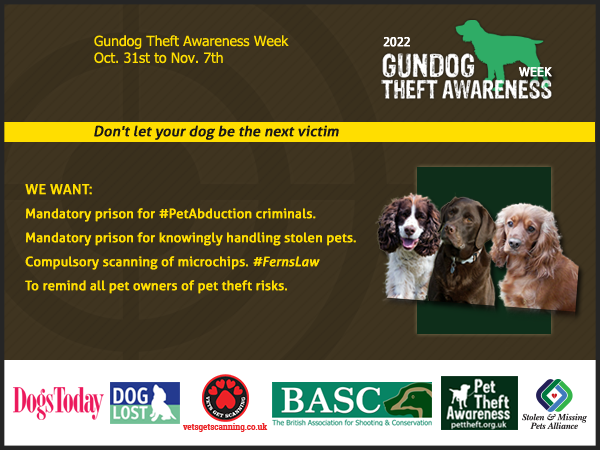 #GundogTheftAwarenessWeek Gundog Theft Awareness Week starts on October 31st Many stolen dogs will be family pets, but some will be trained #workingdogs Be vigilant. Don't let your dog be the next victim #PetTheftReform #PetAbduction #DogTheft #PetTheft #WorkingDog