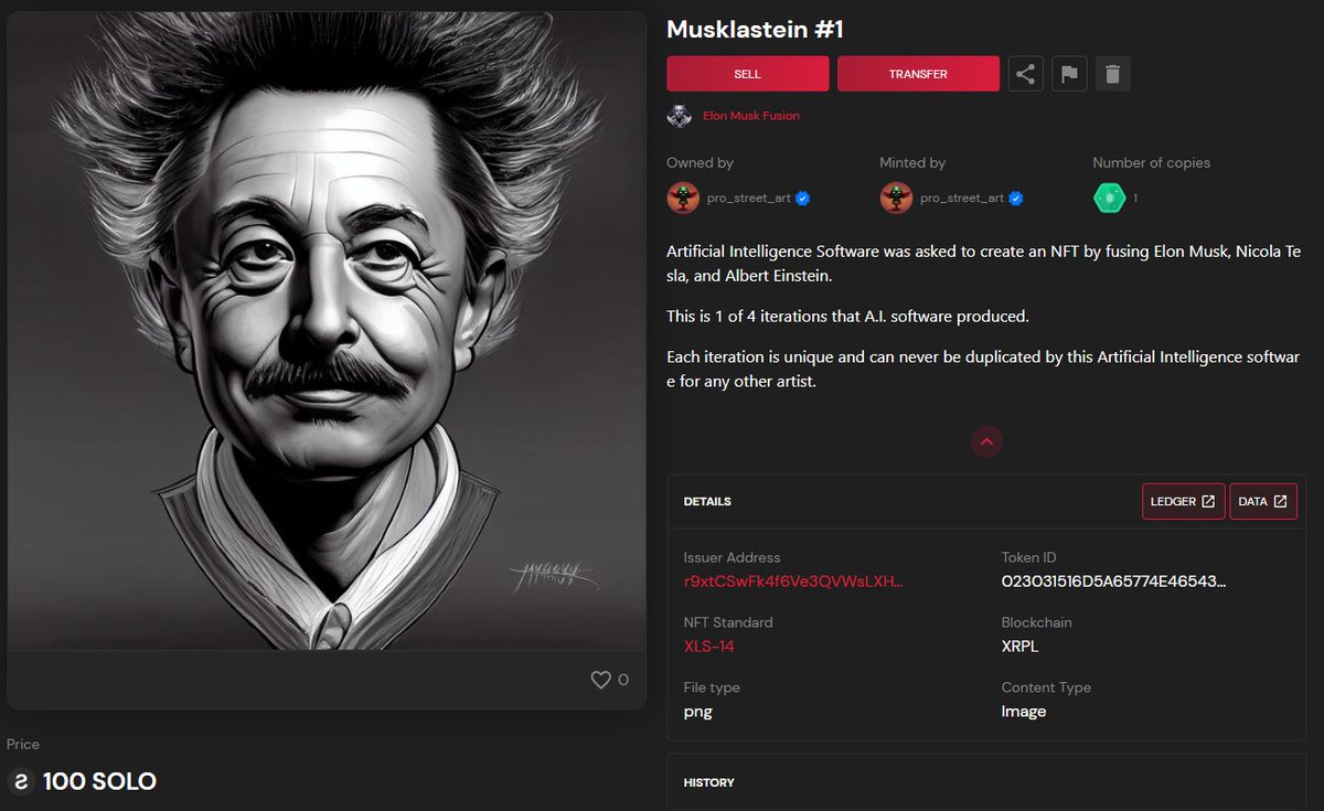 Musklastein #1, available exclusively on the $SOLO #NFT market.
 
A.I. was asked to fuse @elonmusk, Nikola Tesla & Albert Einstein; A.I. cannot duplicate once generated.
 
This collection is inspired by Elon's #TwitterTakeover; $xrp $eth $xlm $sand $lrc

https://t.co/AbUhSu6MOv https://t.co/hGl9nXO3p9