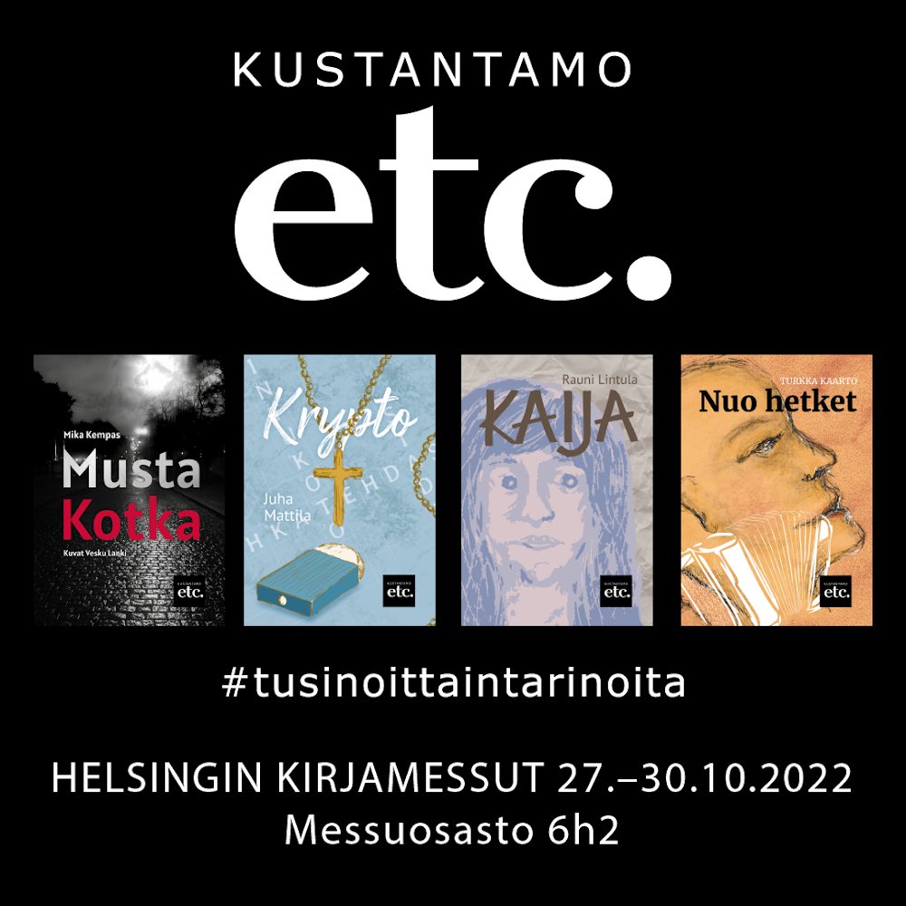 Kustantamoetc's tweet photo. Vielä tänään olemme messutunnelmissa ja -hinnoissa osastollla 6h2.

#tusinoittaintarinoita tarjoavat:
#aarni
#aporia
#EnostoneK 
#huippu
#kaarnakustannus
#Kustantamoetc  
#kustantamokita
#moebius
#KustannusliikeParkko
#PunainenSilakka 
#robustos
#havina
#troijanhevonen

Nähdään! https://t.co/1IXEUgyBp4