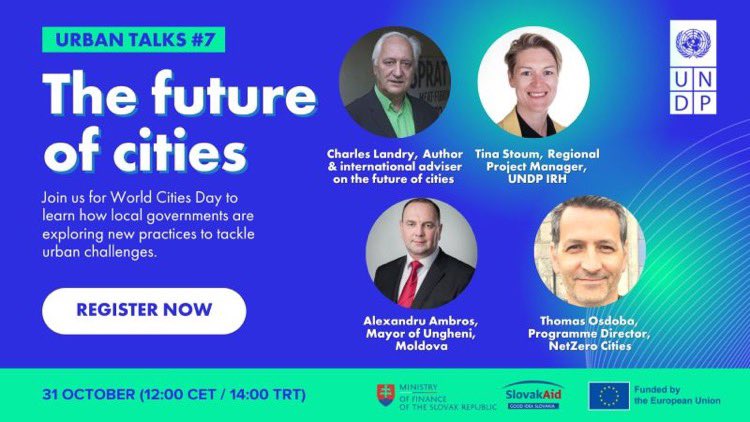 UNDPMoldova's tweet photo. Join @UNDPEurasia on #WorldCitiesDay for a conversation about the future of cities: sustainable, comfortable, vibrant. Our good partner, mayor of Ungheni, Alexandru Ambros, will talk about how to transform a city into a growth pole.
👉 Register here: https://t.co/z1pXEKpBnV https://t.co/JCJgW0iICg