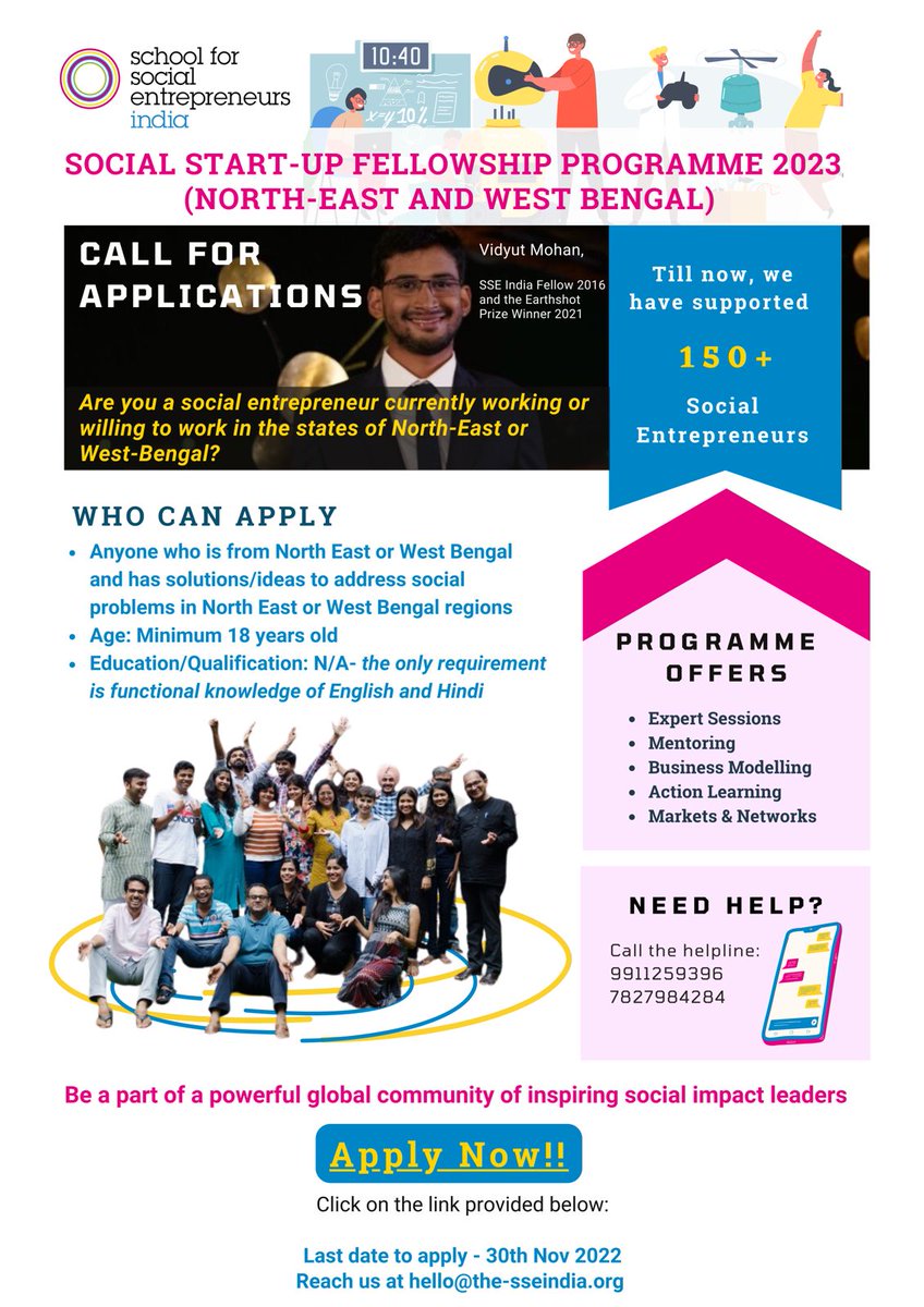 .<a href="/TheSSEIndia/">The SSE India</a> invites applications for Social Start-Up Fellowship Programme 2023- North East &amp; West Bengal supported by <a href="/PwC_IN/">PwC India</a> for promoting social entrepreneurship across different themes and sectors – apply today at forms.gle/ht7QaX1JM3hR3T…. APPLY NOW!!
#socent <a href="/shalabhmittals/">Shalabh Mittal</a>