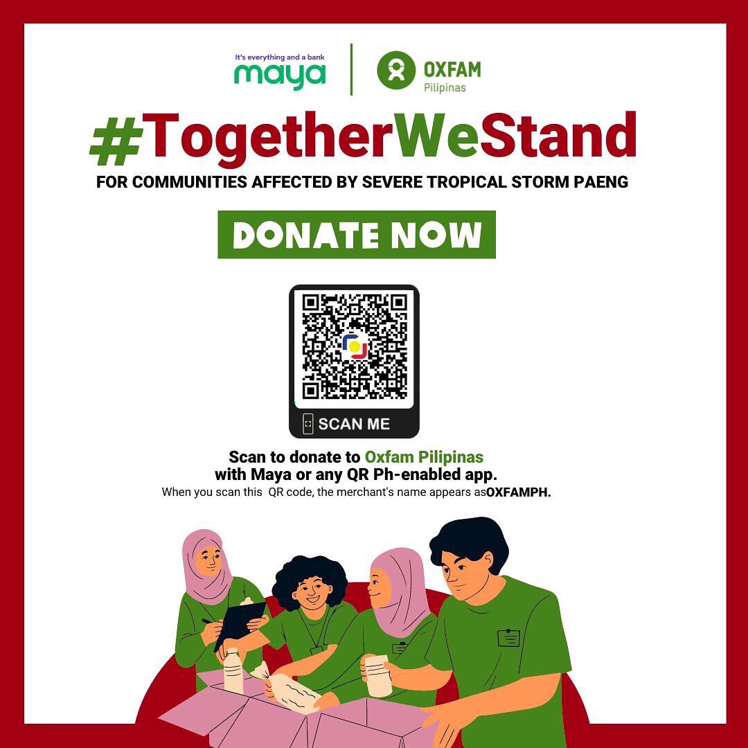 oxfamph's tweet photo. 1/3 Many communities are now experiencing difficulties following the onslaught of severe tropical storm  #PaengPH (Nalgae).

Through our collective efforts, we can help alleviate their hardships and help them recover.

#TogetherWeStand ✊ https://t.co/RYBj9hWIJ4