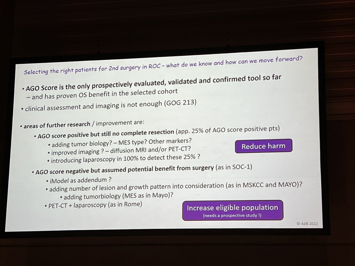 Secondary cytoreduction in recurrent #ovariancancer by Andreas du Bois: “right patient, right setting - reduce potentially harmful procedure vs increase eligible pts” #ESGO2022 @ESGO_society @OncoAlert @ENYGO_official @IJGConline @AgoAustria