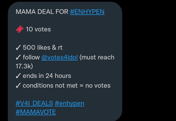 nikihoonzzz's tweet photo. MAMA DEAL FOR #ENHYPEN

10 votes

✓500 likes &amp; rt
✓ follow @votes4idol (must reach 17.3k)
✓ends in 24 hours
✓ conditions not met = no votes

#V41 DEALS #enhypen
#MAMAVOTE https://t.co/BHF4IUpQxJ