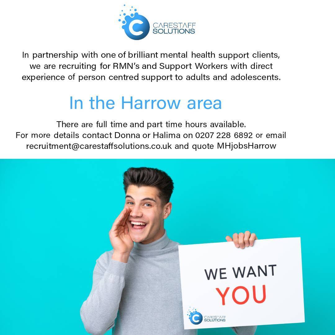 carestaff's tweet photo. Calling all Harrow RMN's and Mental Health Support Workers....
#carestaffsolutions #recruiting #rmn #mentalhealth #joinus #supportworkers #jobs #jobsearch https://t.co/3EKJ9oGZMH
