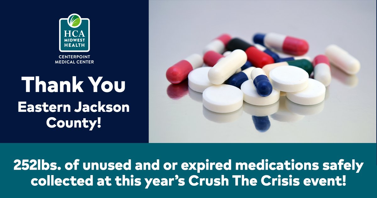 We would like to thank our volunteers and community who participated in this year's Crush the Crisis event at Centerpoint Medical Center. With your help, we were able to safely collect and dispose of over 250lbs of unused and expired medication. #CareLikeFamily