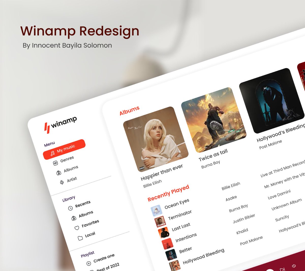 BayilaSolomon's tweet photo. Redesign submission for Winamp 

I research the differences between desktop applications and web application, then went through some guidelines. Here's my final design.

#uiux #uiuxdesign #uiuxdesigners #uiuxdesigning #musicapplication 
#hngi9 #ingressiveforgood #winamp #winamp⚡️ https://t.co/CJnnFz1yZO