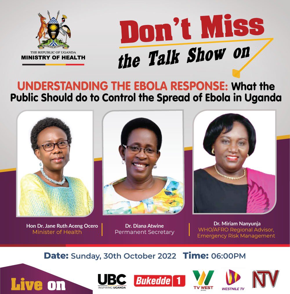 Ministry of Health- Uganda (@minofhealthug) on Twitter photo Tune in today at 6:00pm and listen to <a href="/JaneRuth_Aceng/">Dr. Jane Ruth Aceng Ocero</a>, <a href="/DianaAtwine/">Dr. Diana Atwine</a> and Dr. Miriam Nanyunja talk about the #EbolaOutbreakUG response and what the public should do. 
Don’t miss! Tune in today at 6:00pm and listen to <a href="/JaneRuth_Aceng/">Dr. Jane Ruth Aceng Ocero</a>, <a href="/DianaAtwine/">Dr. Diana Atwine</a> and Dr. Miriam Nanyunja talk about the #EbolaOutbreakUG response and what the public should do. 
Don’t miss!