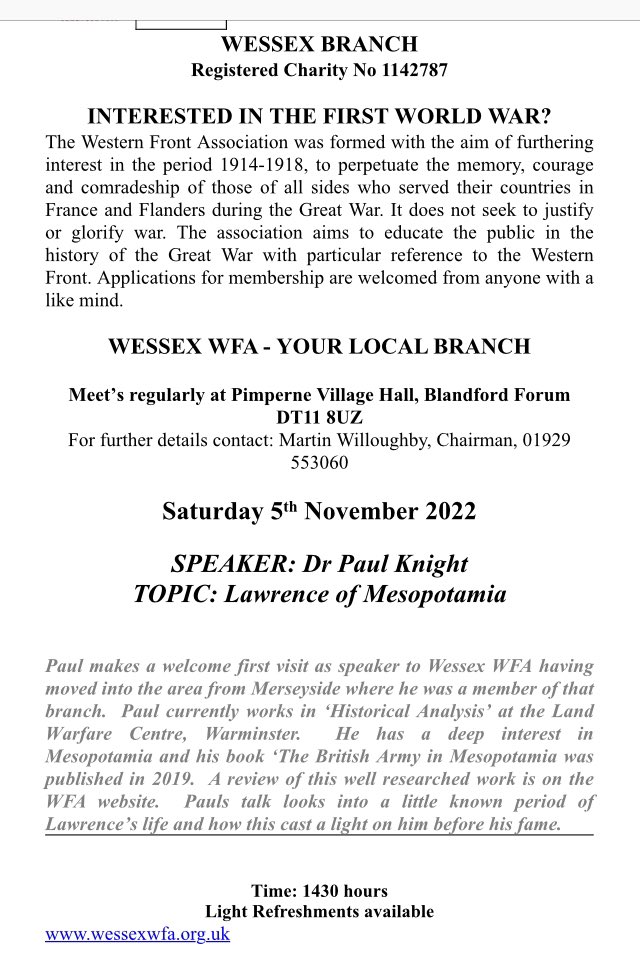 <a href="/specialopsexec/">WFA WESSEX BRANCH</a> <a href="/TheWFA/">Western Front Association</a> @ProfGSheffield Attached notice of the November Branch meeting.  A fascinating topic and something very relevant to the Dorset area. Please come along.  ALL WELCOME. Refreshments available 🫖☕️🍰🧁