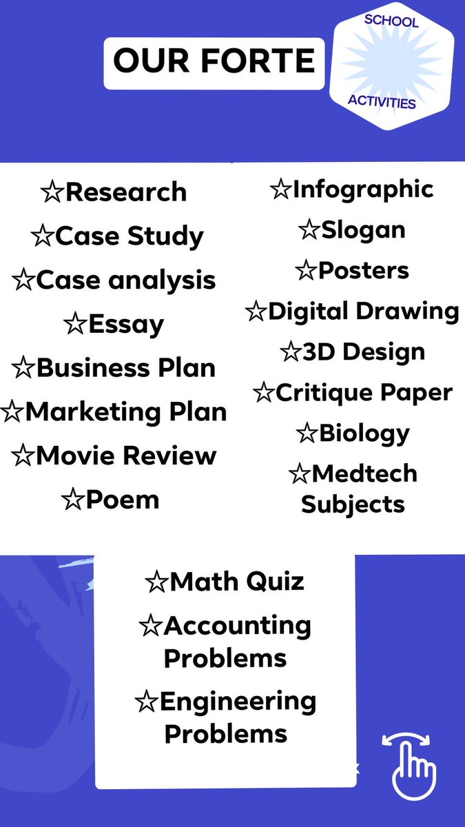 Hello Guys! This is the list of the services that we offer. If your schoolwork isn't mentioned, kindly slide to our DM and we'll see what we can do.🥰