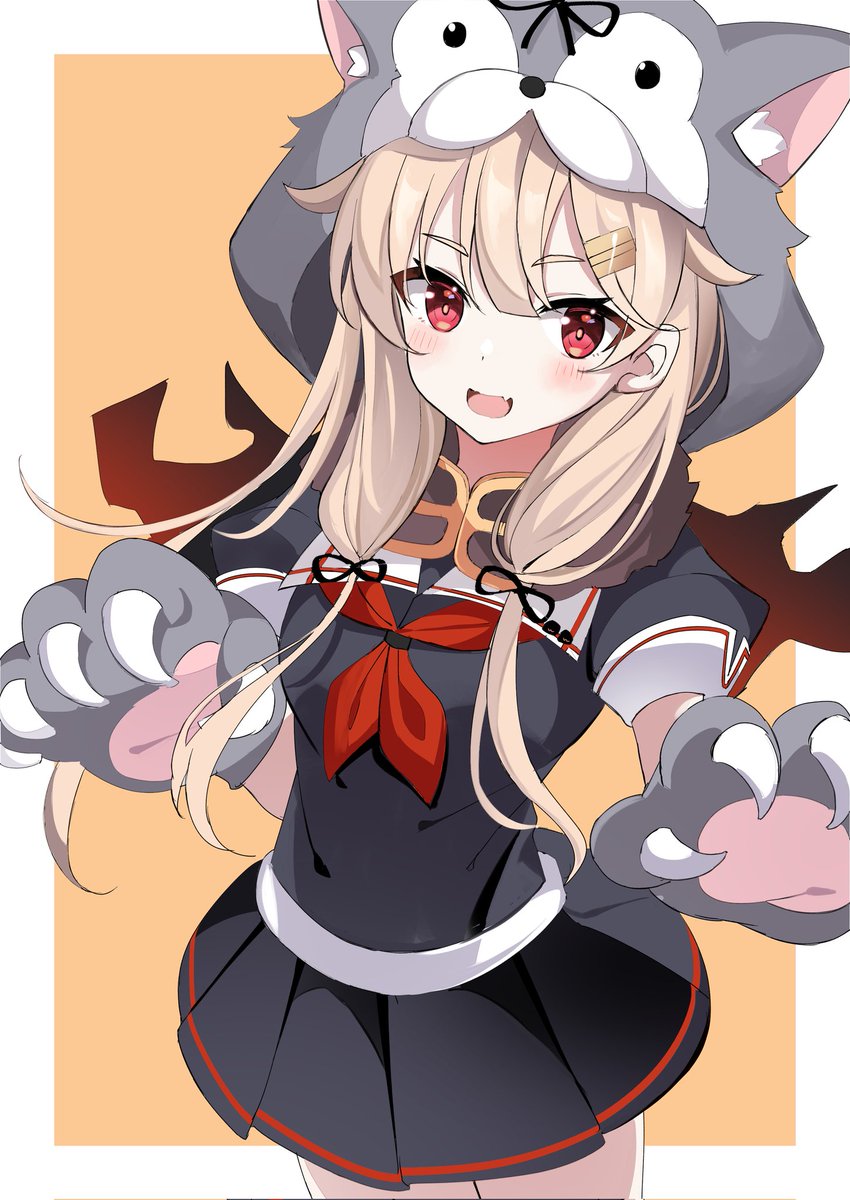 yuudachi (kancolle) ,yuudachi kai ni (kancolle) 1girl solo blonde hair red eyes school uniform paw gloves long hair  illustration images