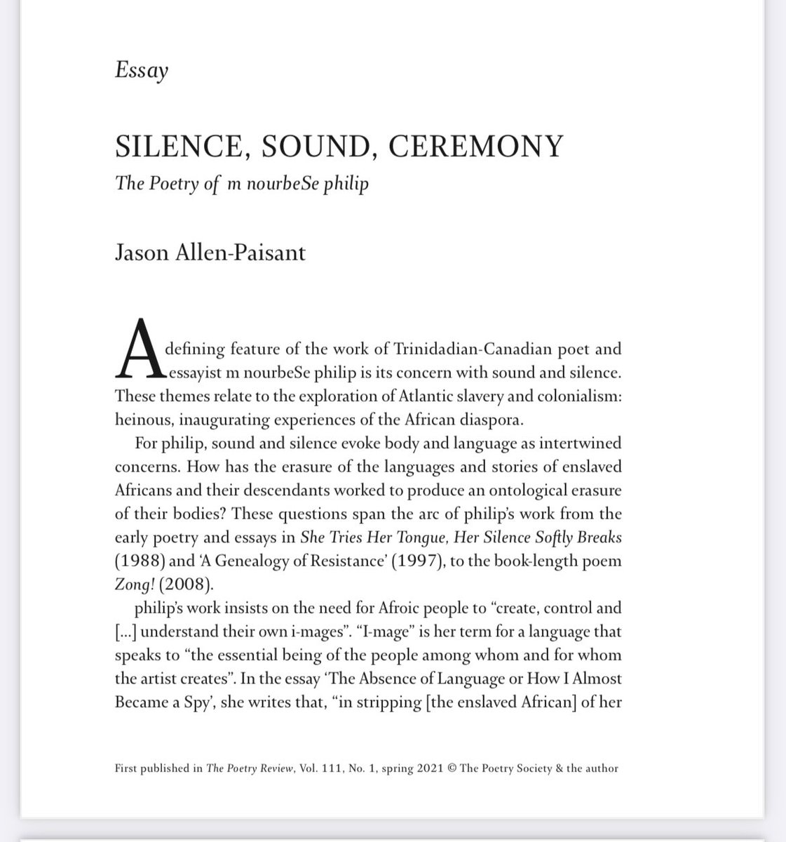 Revisiting this essay by @jallenpaisant on the poetry of m nourbeSe philip in <a href="/PoetrySociety/">The Poetry Society</a> Poetry Review, Spring 2021 —

poetrysociety.org.uk/wp-content/upl…