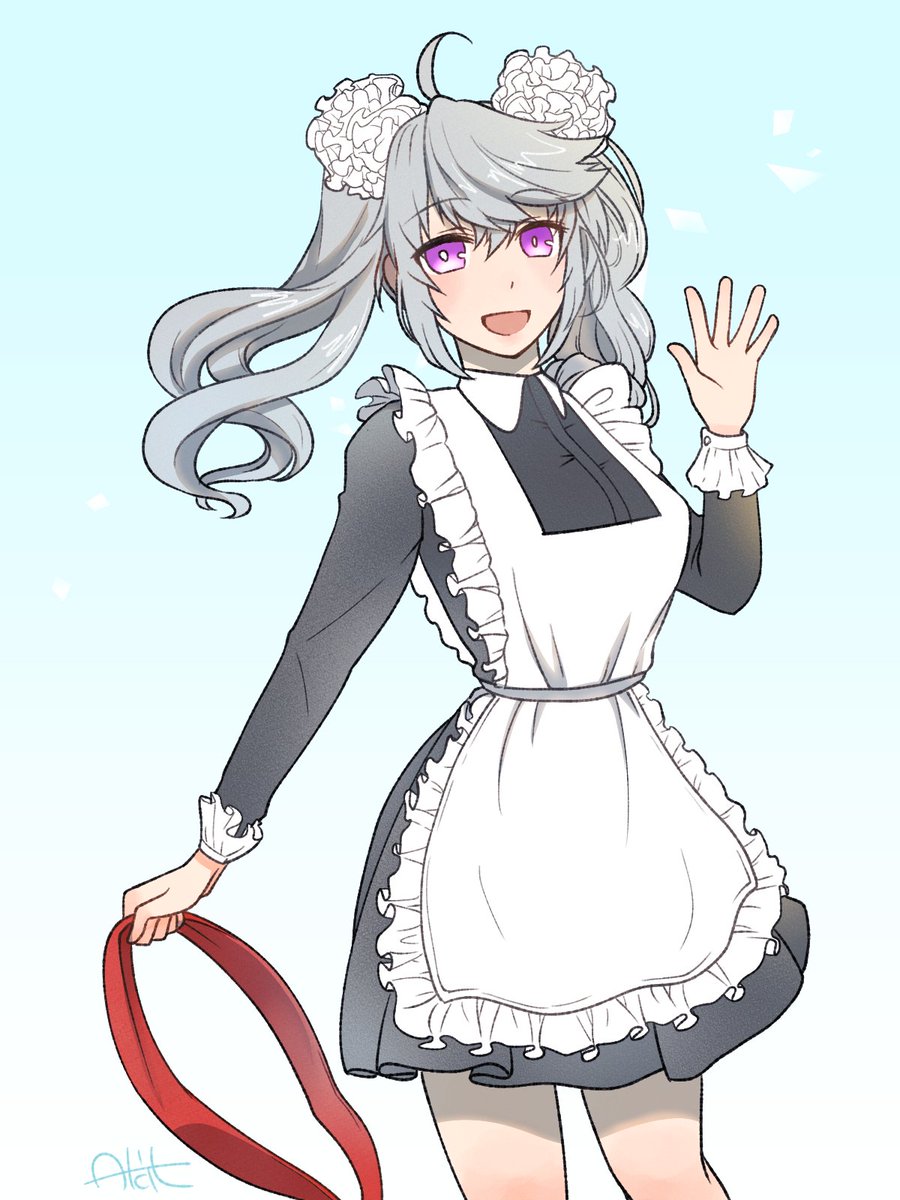 1girl solo apron purple eyes twintails grey hair smile  illustration images