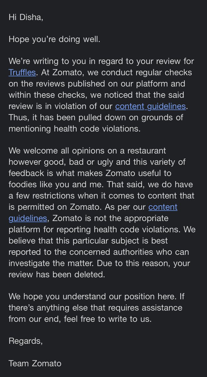 A recent visit to a restaurant in Koramangala, B'lore left my colleague and me with a severe case of food poisoning. I wrote a review on @zomato and while doing so, found that many people had a similar experience in the last few months. Zomato took down the review citing this👏🏻