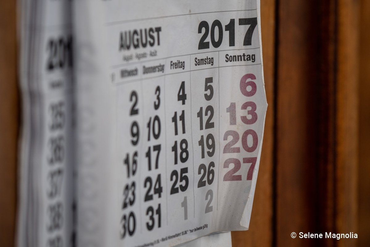 Ein Kalender hängt an einer Holzwand.<br>Das oberste Blatt zeigt den August 2017.<br><br>© Selene Magnolia