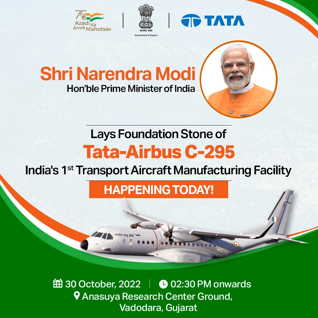 investindia's tweet photo. Happening today!

Hon'ble PM @narendramodi will lay the foundation stone of the first-of-its-kind Make In India project for manufacturing military aircraft, led by Airbus Defence and TATA consortium.

Stay tuned for updates!

#NewIndia #InvestInIndia #C295 #IAFTransportAircraft https://t.co/67wSRiSHRx