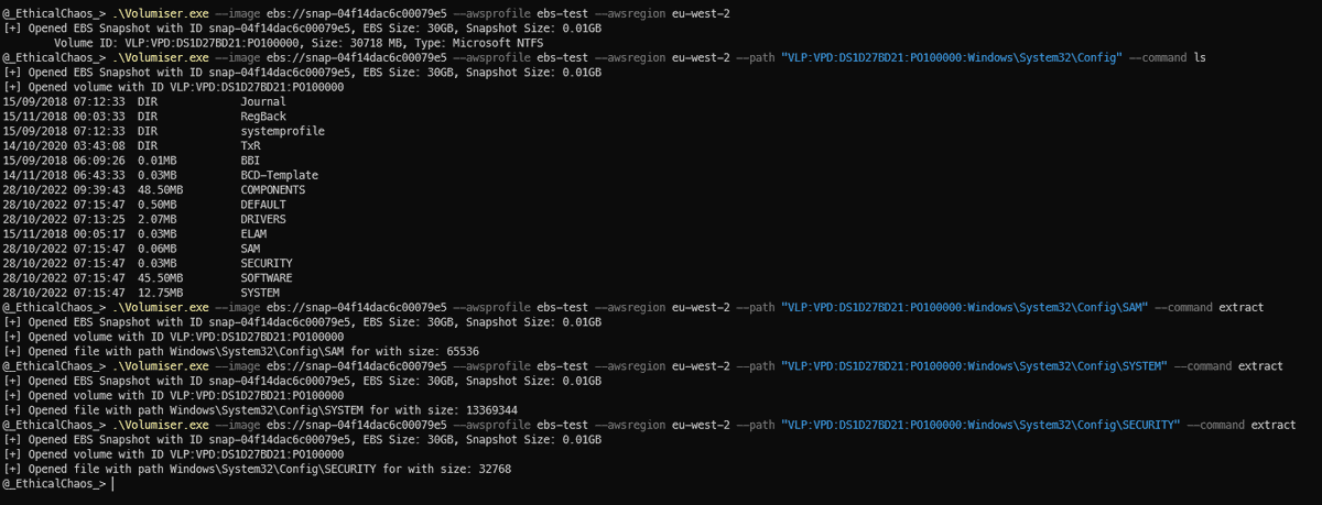 _EthicalChaos_'s tweet photo. Sneak preview of Volumeiser.  Final version will allow listing and extraction of OS files from common hard disk image formats.  My favourite so far is AWS EBS snapshots.  Extracting registry hives now takes seconds + a few MB of data instead of unworkable 100G images. https://t.co/RdWUUzJ1eo
