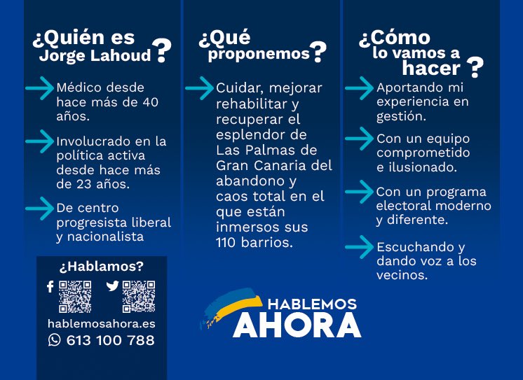 PabloEspinosaHA's tweet photo. La única alternativa Hablemos AHORA - Las Palmas de GC

¡¡¡ Vamos a Recuperar el ESPLENDOR en Nuestra Ciudad !!!

 Jorge Lahoud - Candidato Alcalde Las Palmas de Gran Canaria 

#EfectoLahoud
#HablemosAhora
#OtraManeraDeHacerPolítica https://t.co/SUukTNQXcQ