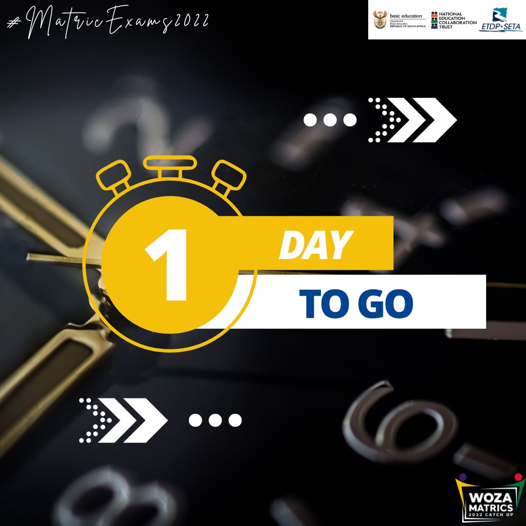 wozamatrics's tweet photo. Just 1 Day to go Matrics!!!
Take this day of to rest. Sleep early tonight so you can be fresh and ready for your first final exam tomorrow morning.
@DBE_SA @The_NECT 
#MatricExam2022 #WozaMatrics #NSCExam #FinalExams #RevisionSupport #classof2022 https://t.co/FaqjAYbJa2