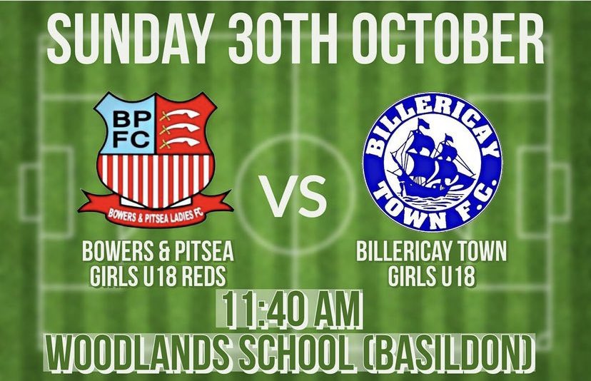 Up next for our Reds! ⚽️<a href="/BowersU18Reds/">Bowers & Pitsea U18 Ladies Reds</a> <a href="/BTFCU16Girls/">BTFCU18G</a> <a href="/EssexCountyFA/">Essex County FA</a> <a href="/ECGFL_2018/">Essex County Girls Football League</a> @BowersGirlsSec
