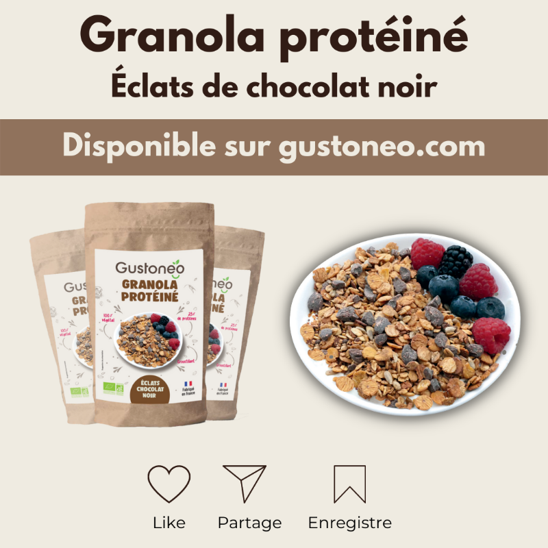 gustoneobio's tweet photo. Est-ce possible de trouver un #granola protéiné ET bon ? La réponse est : OUI 😍

🥣 Découvre notre mélange de #céréales lentement torréfiées au four, agrémenté d’éclats de #chocolat noir.

💪 #Protéines : 25% + fibres
🌱 Recette #vegan
🥥 Au #sucredecoco
🇫🇷 Fabriqué à #Lyon