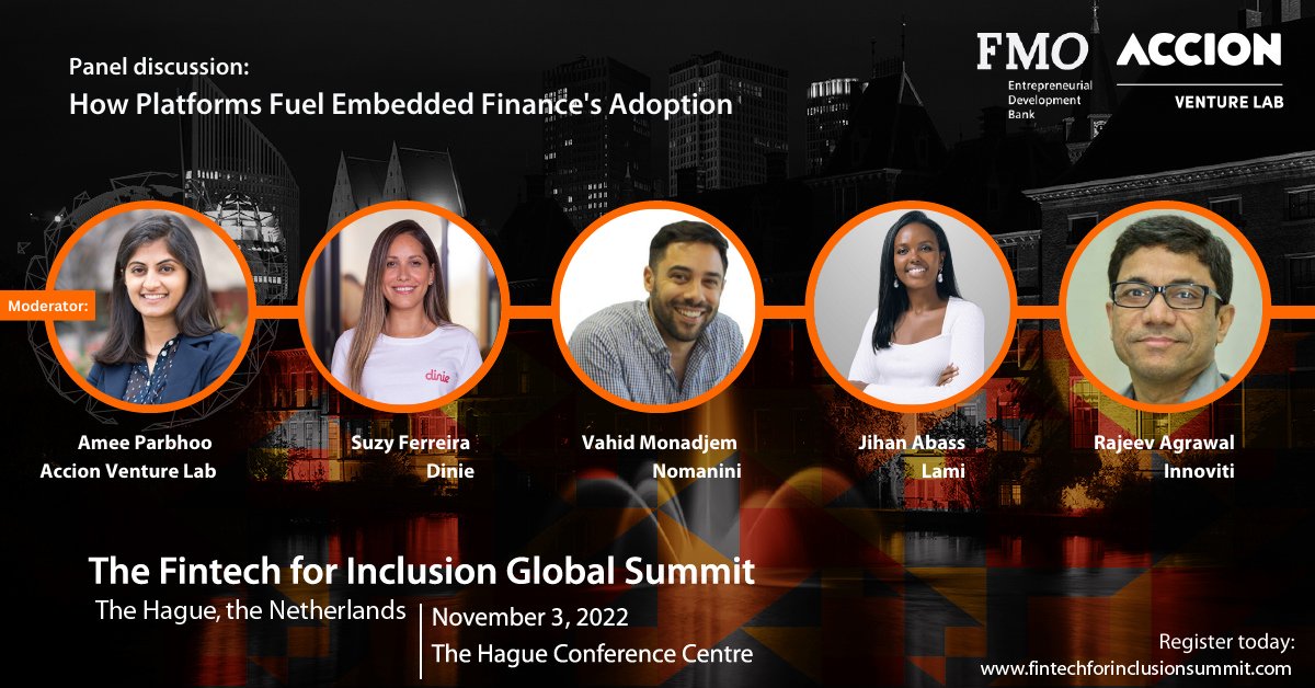 On this panel at #FIGS22 moderated by our <a href="/Parbhoo_Amee/">Amee Parbhoo</a>, we'll hear from <a href="/sferreiraevans/">Suzy Ferreira</a> of <a href="/ContaDinie/">Dinie</a>; Vahid of <a href="/Nomanini/">Nomanini</a>; Jihan of <a href="/LamiInsurtech/">Lami</a>; <a href="/RajeevInnoviti/">Rajeev Agrawal</a> of <a href="/Innoviti1/">Innoviti Technologies : Your growth partner📈</a> on how platforms fuel #embeddedfinance's adoption and how the space is primed for new opportunities!