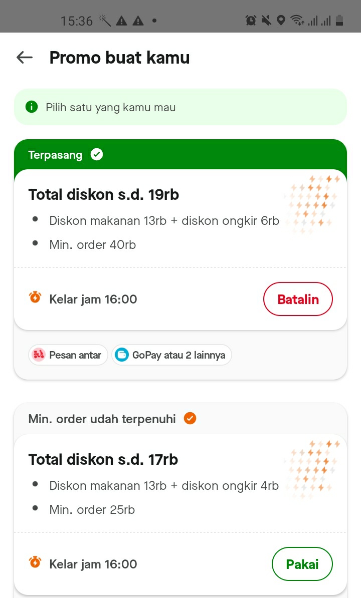 wts voucer gofood diskon 40% min order 40k, resto tertentu
•udah gf+ 
•gabisa combo
• maks cek 2×