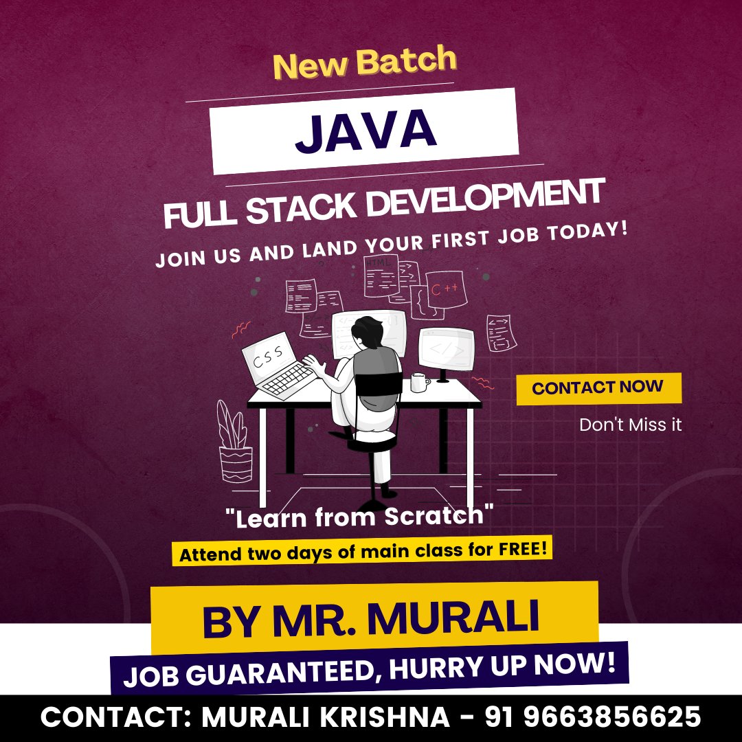 vmurali100's tweet photo. Hey I'm Murali Krishna web developer.
Are you looking for a job as a developer? ๐ป
Join New Batch For JAVA Full Stack Development and land your first job today!
#python #androiddeveloper #javascriptdeveloper #forntenddeveloper #htmlcoding #javadeveloper #startup #html https://t.co/BxlF9Gs6Et