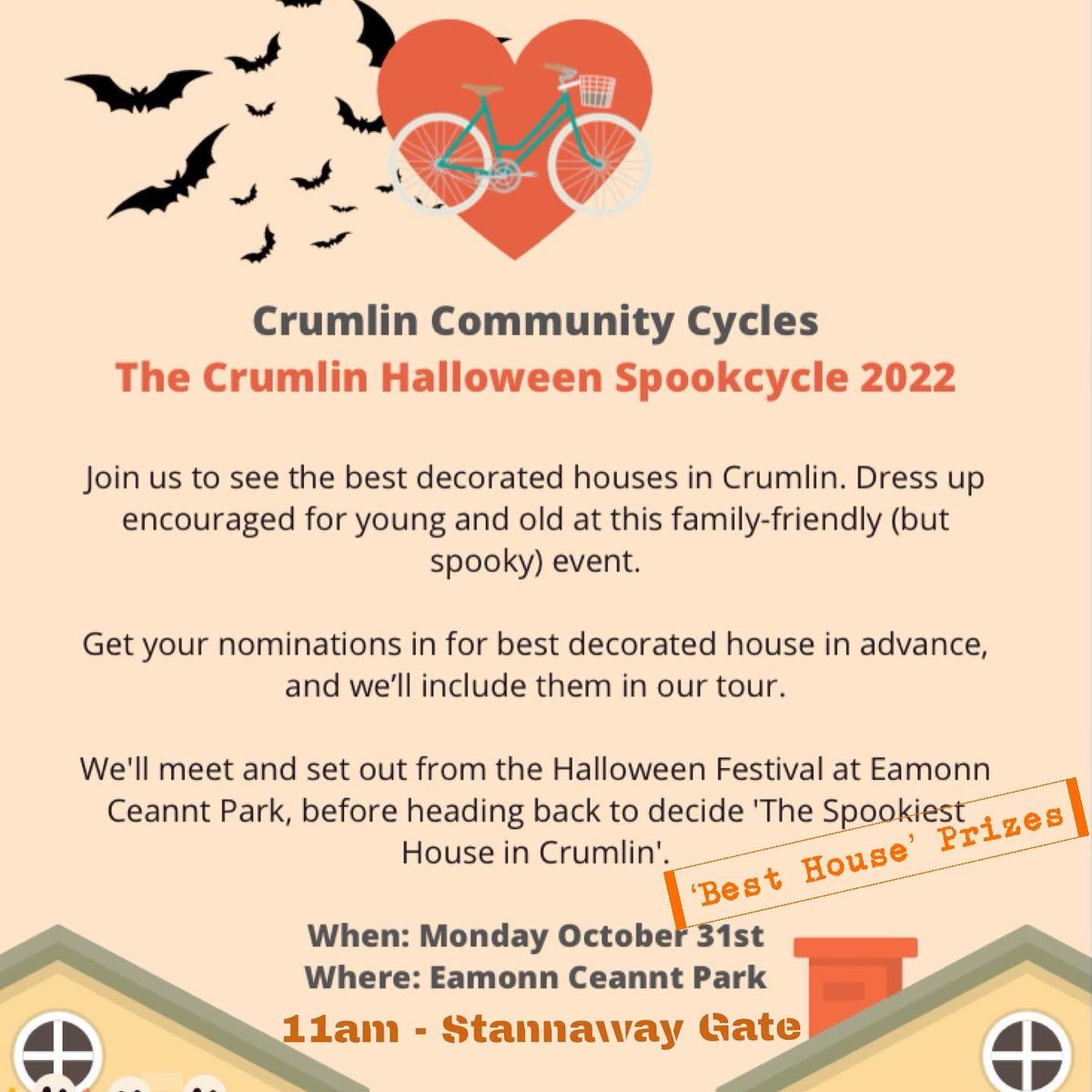 CrumlinCycles's tweet photo. Last chance to nominate for the SPOOKCYCLE 2022 scariest houses of Crumlin… 

So far houses on

Devi-lish, Kil-scare, Flay-lin and Arm-aaaaagh! Roads…

Get yer houses in!

Nominations close 6pm Sunday 30th October. https://t.co/NRudeTlmmV