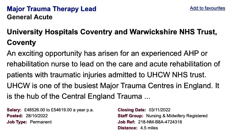 👇👇Fabulous opportunity to drive service improvement and quality care for patients following Major trauma <a href="/nhsuhcw/">UHCW NHS Trust</a> <a href="/MidlandsCCTNB/">Midlands CCTNB</a> <a href="/CandWAHPs/">Coventry and Warwickshire AHPs</a> <a href="/AHPS_UHCW/">UHCW_AHPS 💙</a>   beta.jobs.nhs.uk/candidate/joba…