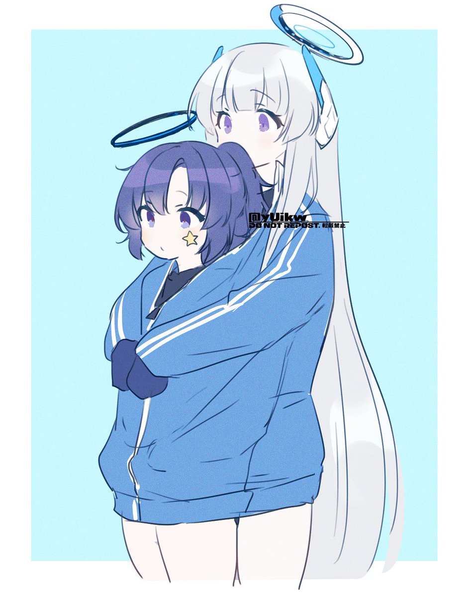 yuuka (blue archive) multiple girls 2girls halo long hair jacket purple eyes hug from behind  illustration images