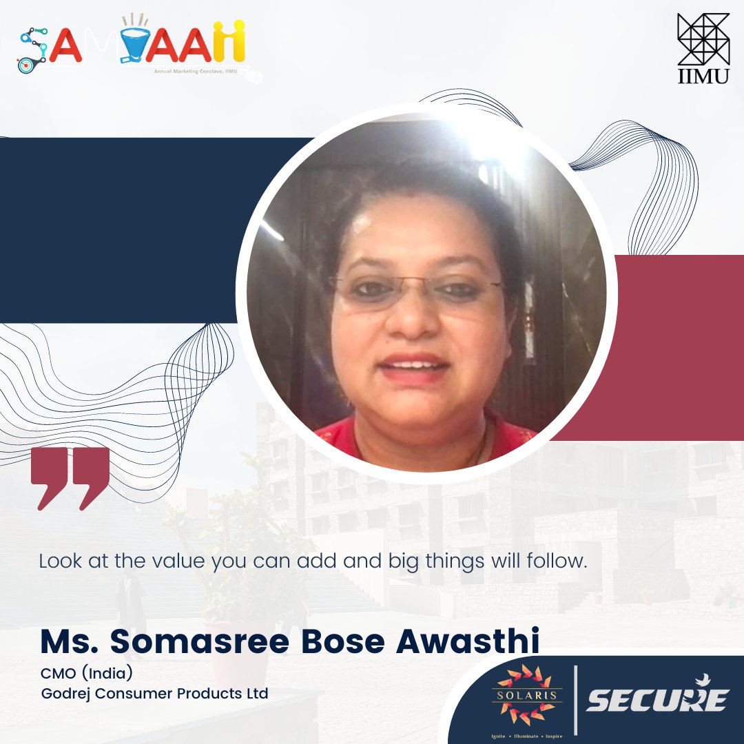 IIM_Udaipur's tweet photo. At Samvaah, Ms. Somasree Bose Awasthi, CMO (India), Godrej Consumer Products Ltd. emphasized that there is no substitute for hard work. She talked about the importance of making choices based on future value.

#Solaris2022 #MarClan #Samvaah #IIMU https://t.co/yBwQxG8Cxe