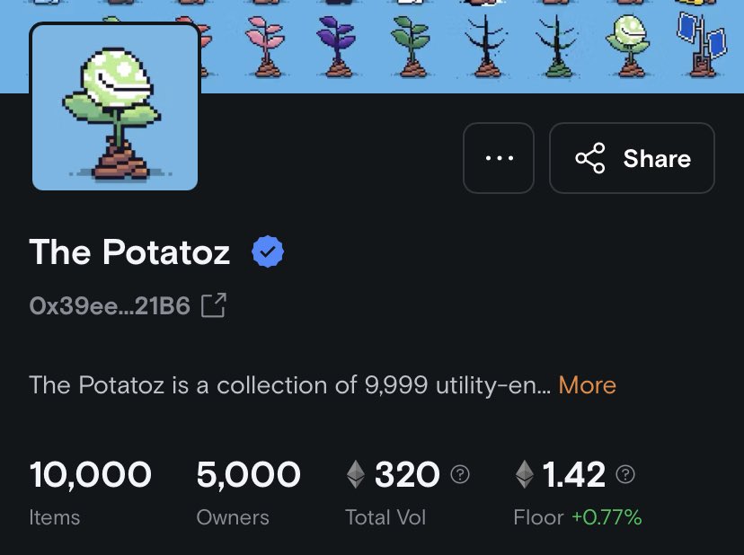 Giving away 2x Potatoz NFTs 🌱

Floor price is 1.42 ETH 🎁

To enter just follow &amp; retweet ~ 24 hrs