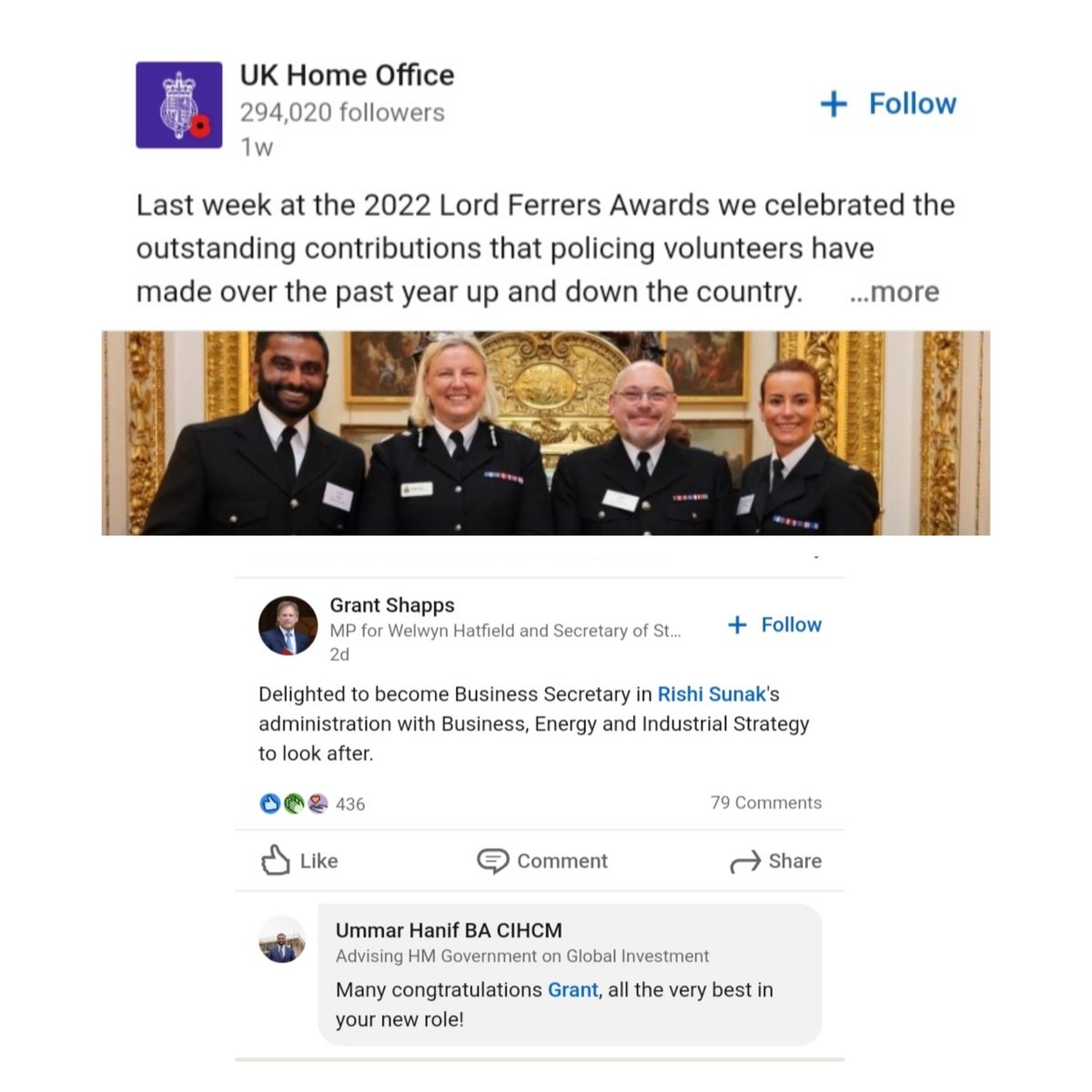 NCLCopwatch's tweet photo. Special Constable Ummar Hanif winning a national award announced by the Home Office. And also him congratulating Conservative,  Grant Shapps like he's a mate of his. He probably is! https://t.co/ryUGh4E1DS