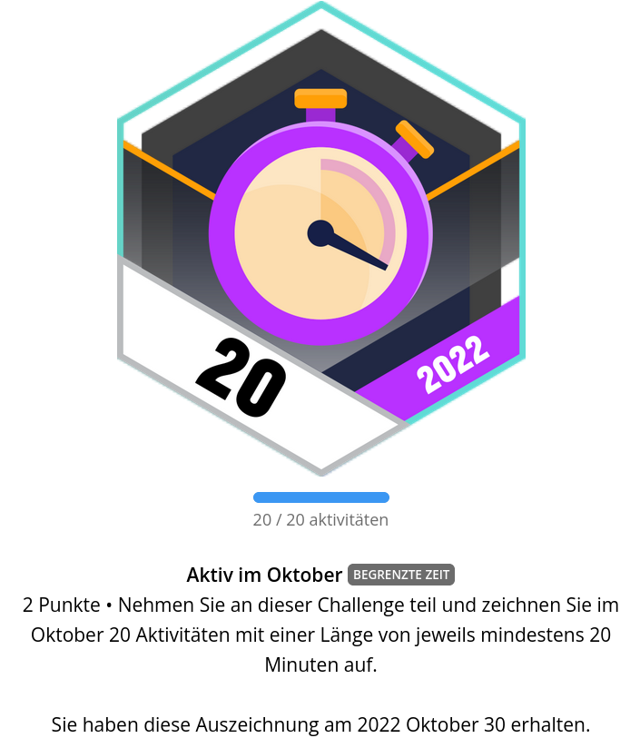 hpgauster's tweet photo. Ich war fleißig im Oktober: 20 sportliche Aktivitäten von wenigstens 20 Minuten Dauer sind eine #GarminConnect Medaille wert. https://t.co/GTthLOhSYK