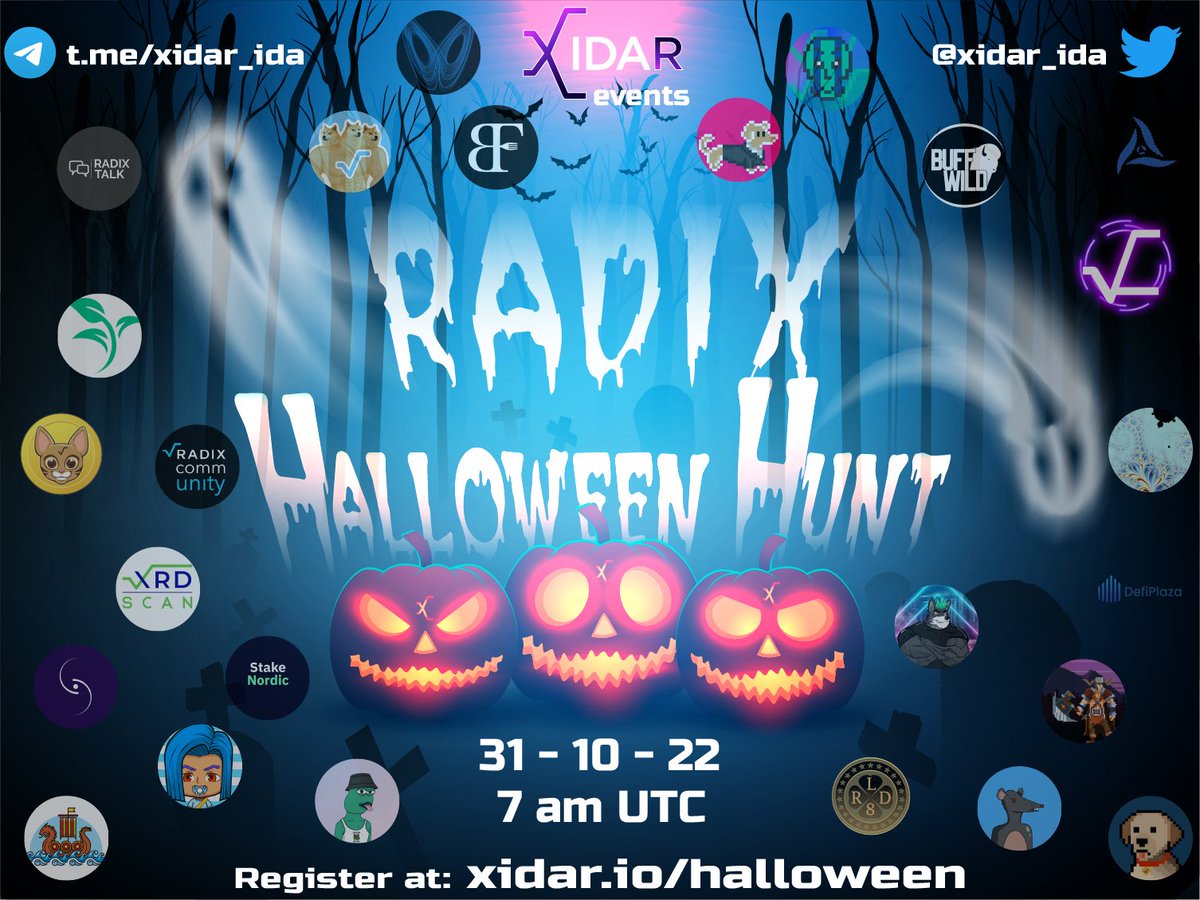 👻Spooky time👻 Did you like the Easter egg hunt ? 🥚 Then... You will love the 🎃 Halloween hunt! 👻 Register at xidar.io/halloween. Event starts 31/10 at 7 am UTC and lasts until no more rewards. MANY prizes to grab thanks to the FANTASTIC @radixdlt project community