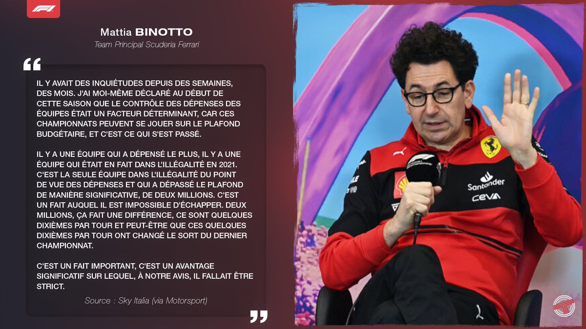 TearOffFR's tweet photo. 🔴 Pour Binotto, le dépassement du 'Budget Cap' de Red Bull a joué un rôle dans le résultat de la saison 2021 de #F1 !

💬 "Ces championnats peuvent se jouer sur le plafond budgétaire, et c'est ce qui s'est passé."

(🗞️ #SkyItalia via @Motorsport) https://t.co/KhImY8G73E