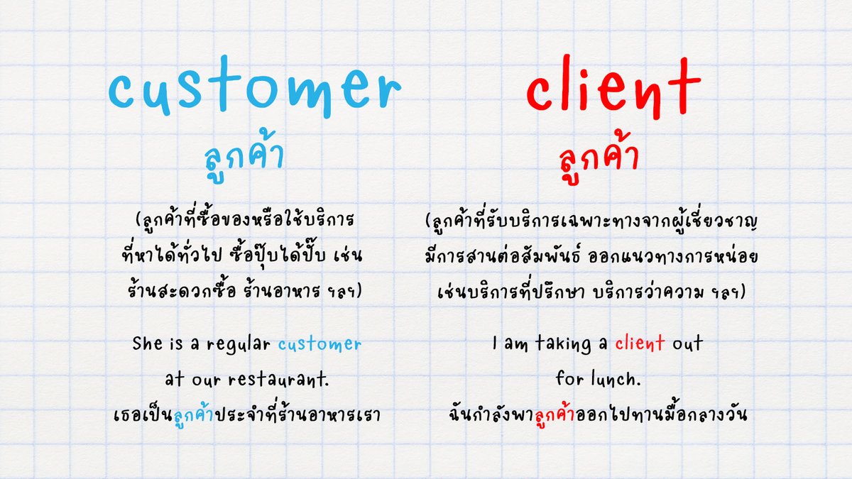 langsberry's tweet image. คำว่า "ลูกค้า" ในภาษาอังกฤษมีทั้ง customer กับ client เลย มาดูกันว่าสองคำนี้มันต่างกันยังไง