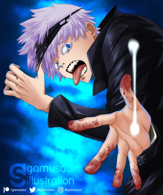 Satoru Gojo cover redraw I made for my beloved p*tr**ns this month  It was so fun to do! I loved working on his expression and hands  
