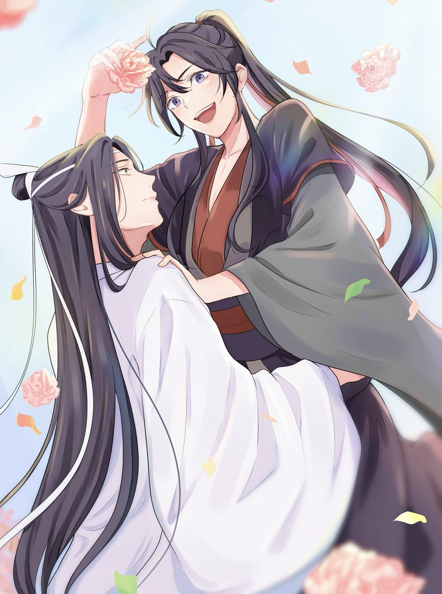 multiple boys 2boys long hair flower hanfu male focus black hair  illustration images