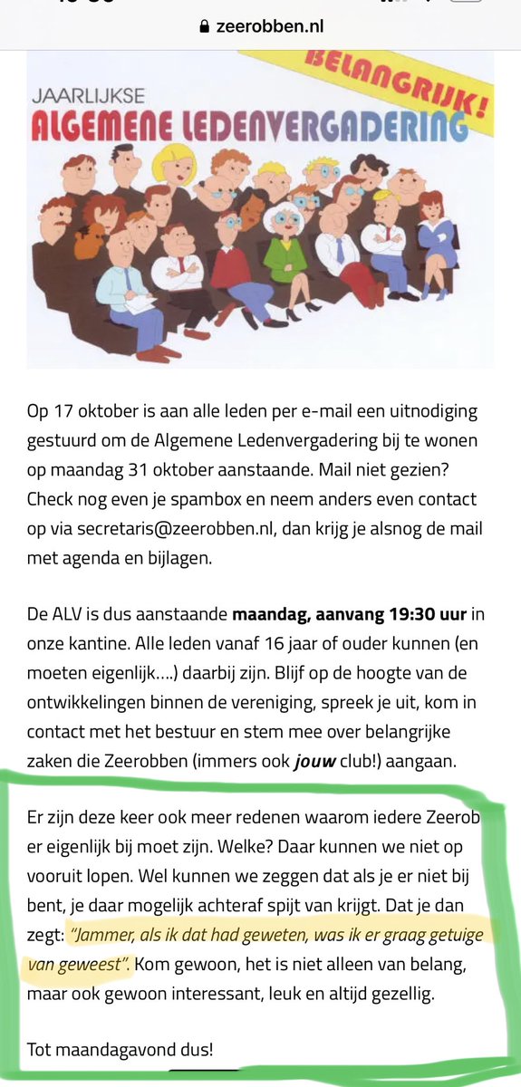 Na een in velerlei opzichten prachtige zaterdag, maken we ons op voor de ALV van morgenavond. 
Onze oproep aan elke Zeerob >16jr om dit niet te missen, is niet voor niets. Krijg achteraf geen spijt en wees erbij! 
Maandag 31 okt. 19:30 uur. Be there! 💚🤍💚
