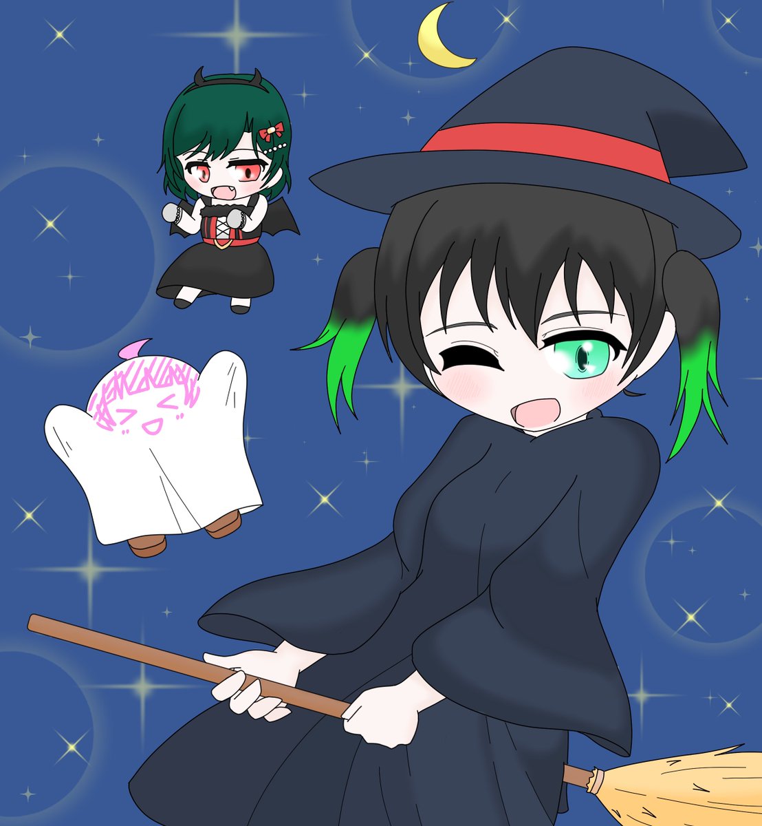 uehara ayumu ,yuuki setsuna (love live!) multiple girls witch hat broom 3girls broom riding hat halloween  illustration images