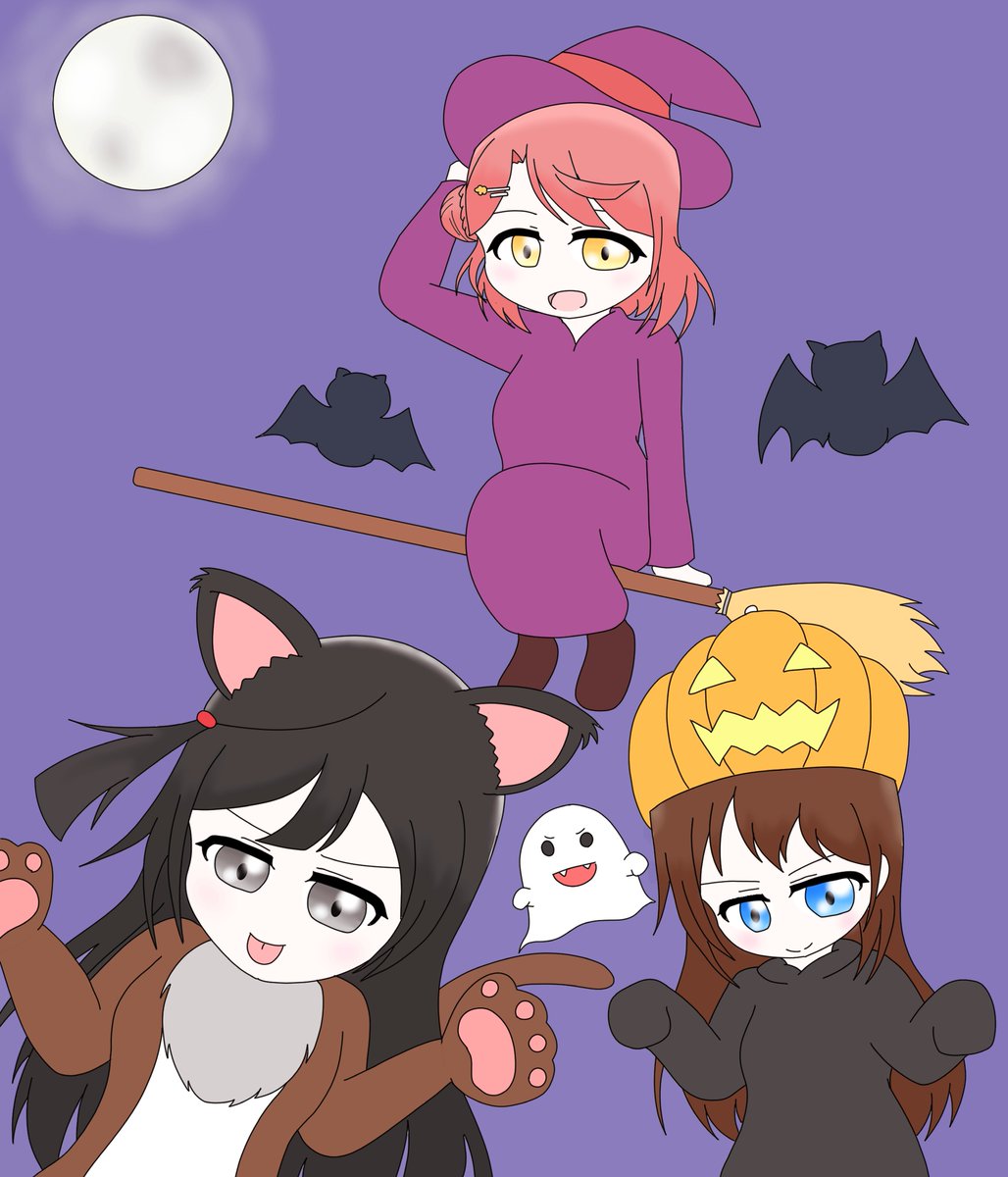 uehara ayumu ,yuuki setsuna (love live!) multiple girls witch hat broom 3girls broom riding hat halloween  illustration images